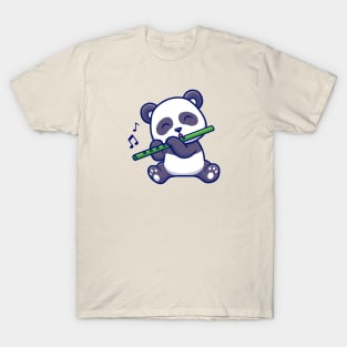 Cute Panda Playing Bamboo Flute Cartoon T-Shirt